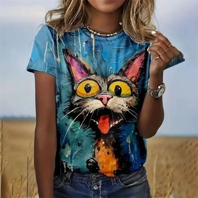 3d Print Funny Animal Graphic T-shirt For Women Cute Cat Painting Loose Short Sleeve T Shirts Summer Leisure Fashion Oversized