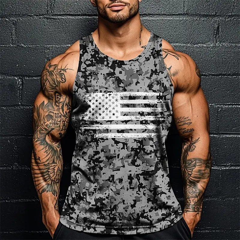 Camouflage Pixels Print Fitness Tank Top For Men Retro National Usa Flag Sleeveless Top Summer Fashion Oversized Camo Tee Top