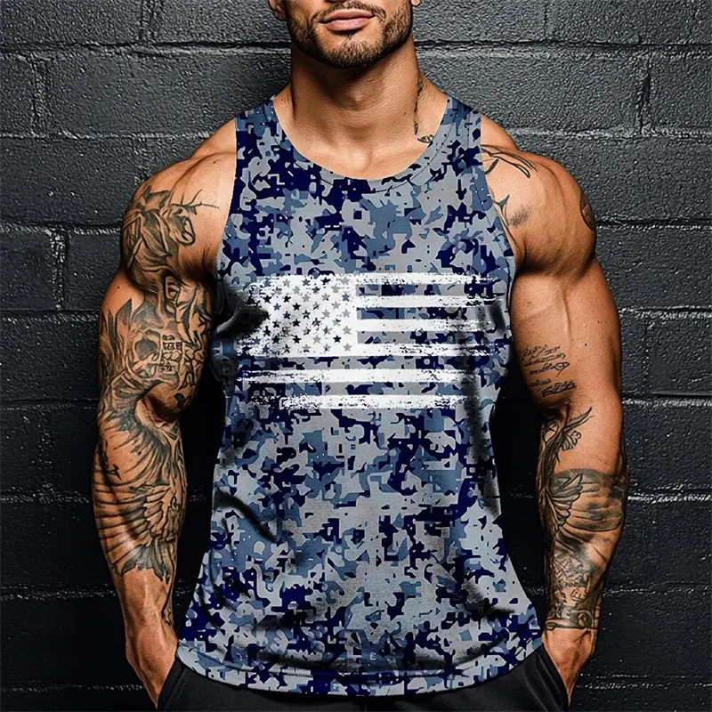 Camouflage Pixels Print Fitness Tank Top For Men Retro National Usa Flag Sleeveless Top Summer Fashion Oversized Camo Tee Top