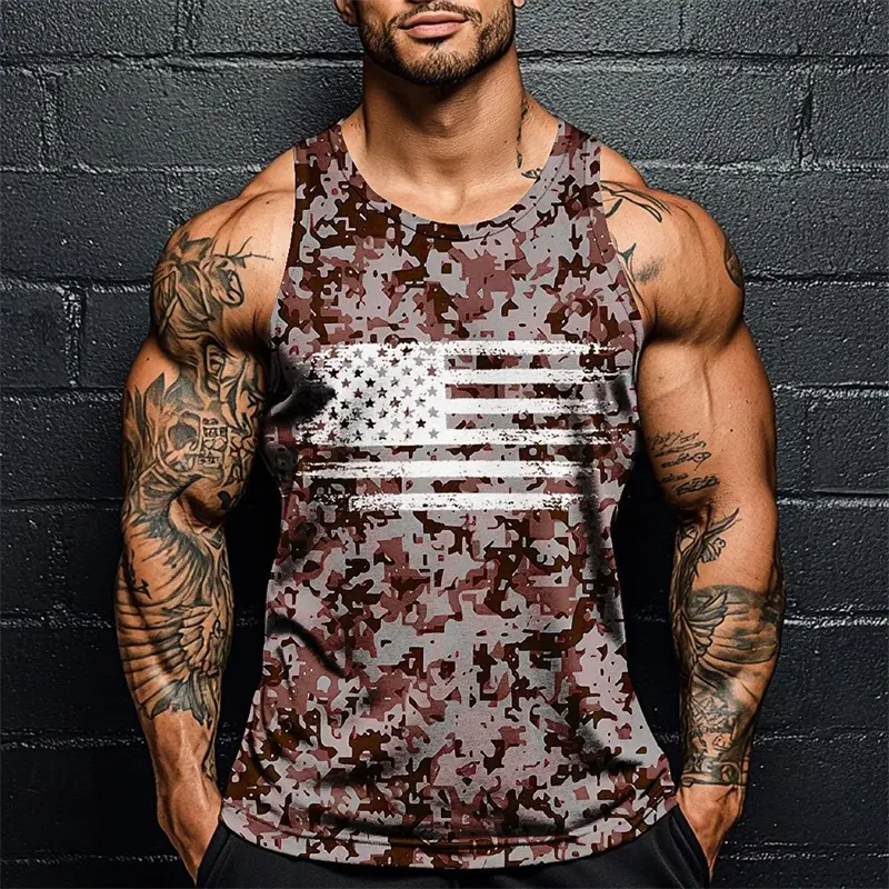 Camouflage Pixels Print Fitness Tank Top For Men Retro National Usa Flag Sleeveless Top Summer Fashion Oversized Camo Tee Top