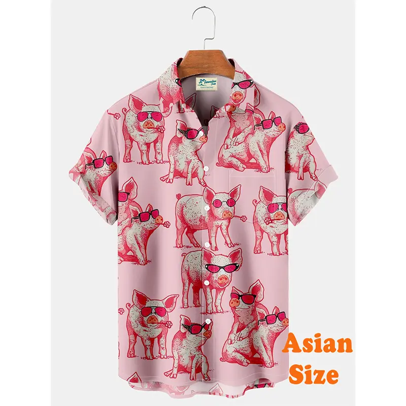 Funny Flamingo Streetwear Men's Hawaiian Shirts Pink Pig Humour Hip Hop Harajuku Trend Summer Outdoor Vintage Women Blouse Y2k