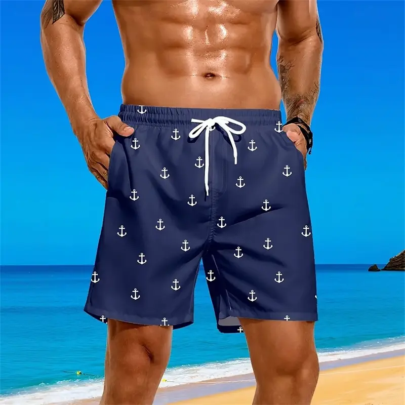 Classic Simple Anchor All Over Print Beach Shorts Beach Leisure 3D Print Breathable Solid Color Swim Trunks Summer Trend Short