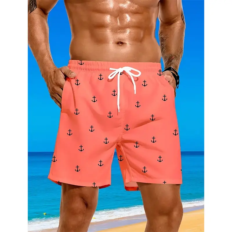 Classic Simple Anchor All Over Print Beach Shorts Beach Leisure 3D Print Breathable Solid Color Swim Trunks Summer Trend Short