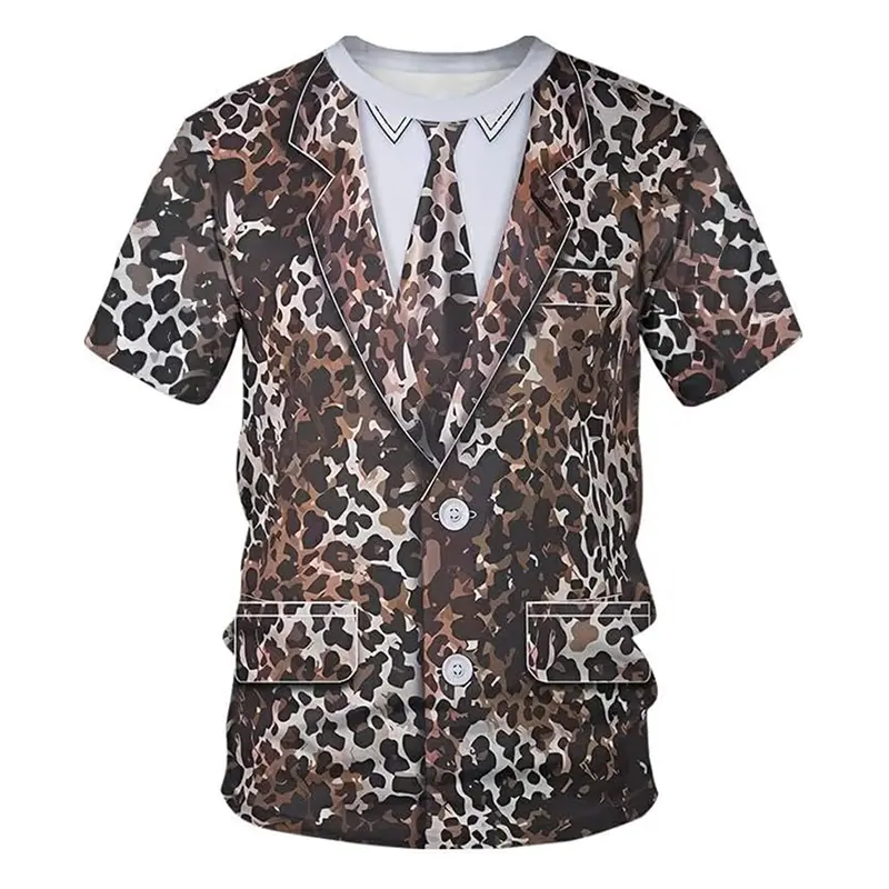 Animal Role Play Fun Leopard T Shirt Men's Short Sleeve O-neck Personality T Shirts Hip Hop Street Cosplay Print Stripes Tee