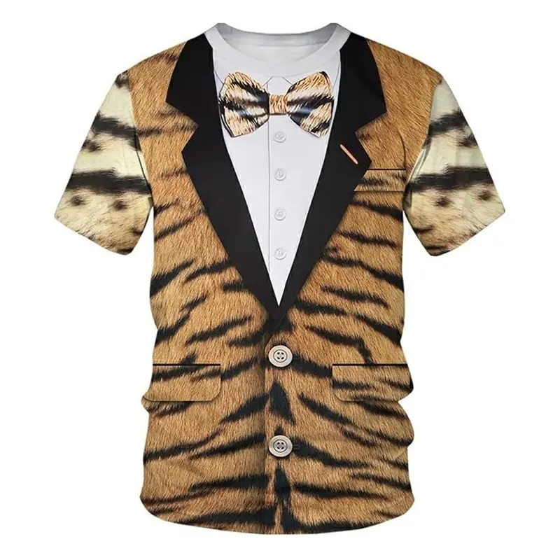 Animal Role Play Fun Leopard T Shirt Men's Short Sleeve O-neck Personality T Shirts Hip Hop Street Cosplay Print Stripes Tee