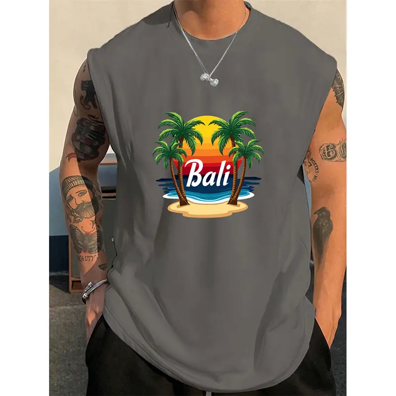 Summer Bali Pattern Men's Tank Top 3d Print Coconut Tree Pattern Simple Casual Loose Sleeveless Shirt Gym Breathable Vest 2025