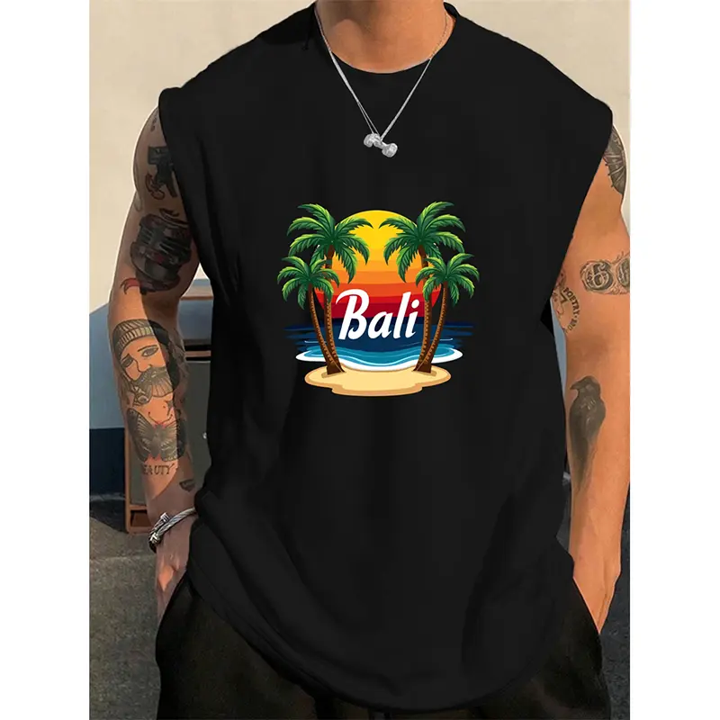 Summer Bali Pattern Men's Tank Top 3d Print Coconut Tree Pattern Simple Casual Loose Sleeveless Shirt Gym Breathable Vest 2025