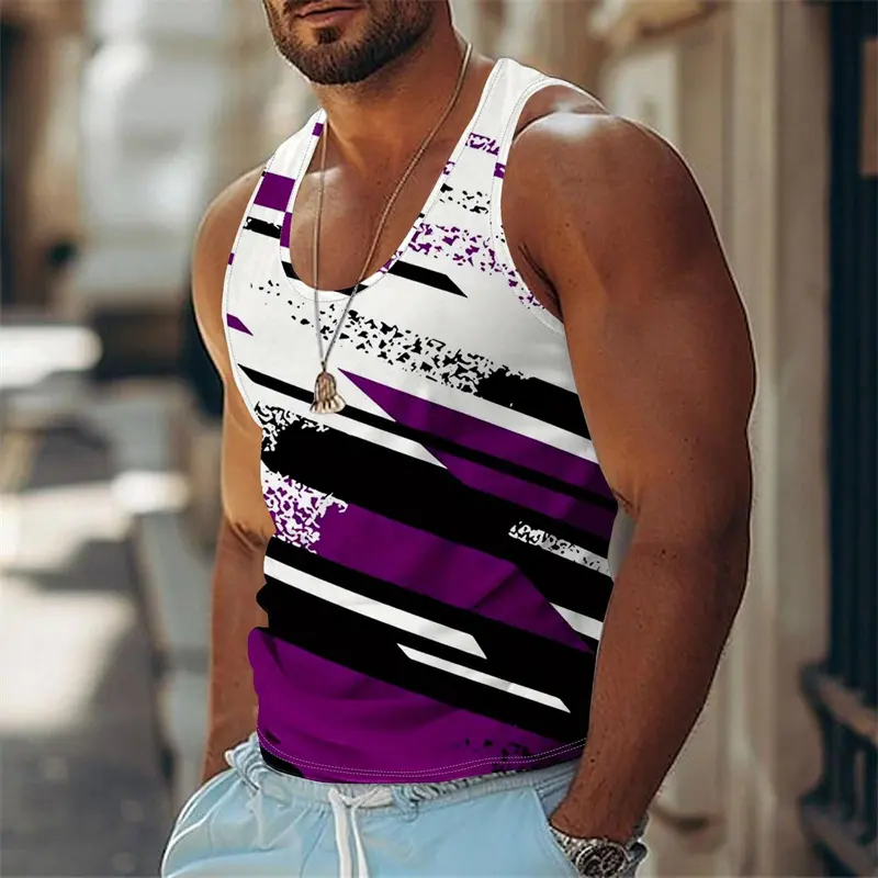 Graffiti Stripe Print Tank Top For Men Clothes Streetwear Classic Fashion Basketball Vest Summer Gym Sport Breathable Tee Top