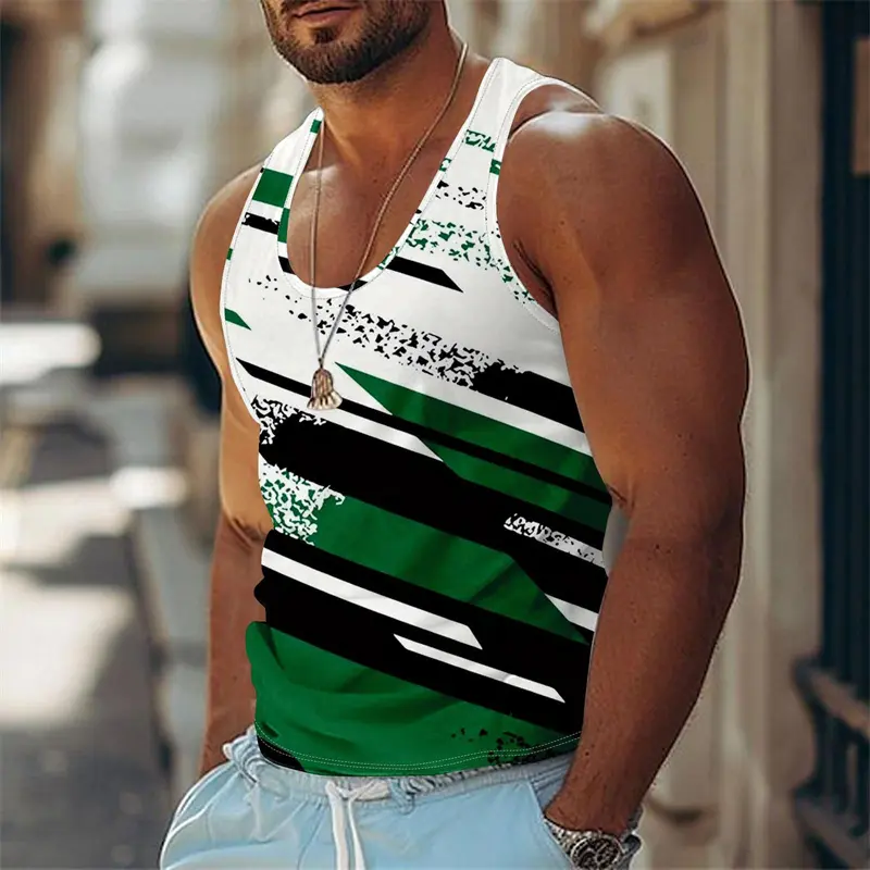 Graffiti Stripe Print Tank Top For Men Clothes Streetwear Classic Fashion Basketball Vest Summer Gym Sport Breathable Tee Top