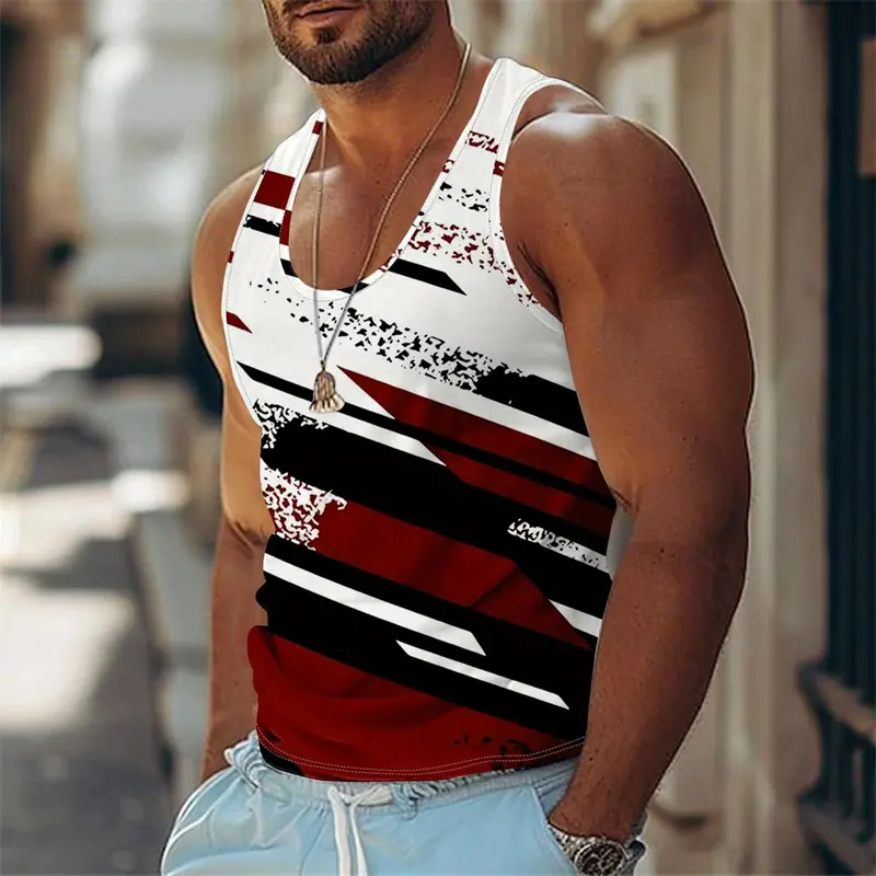 Graffiti Stripe Print Tank Top For Men Clothes Streetwear Classic Fashion Basketball Vest Summer Gym Sport Breathable Tee Top