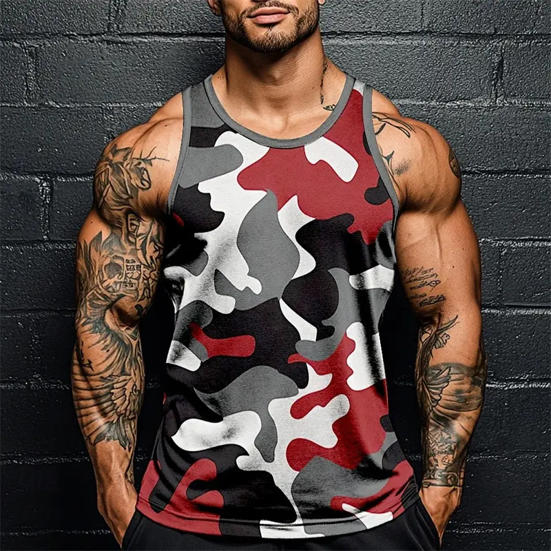 Summer Men Classic Camo Print Fitness Tank Top Gym Sports Loose Breathable Soft Sleeveless Top Fashion Simple Men's Vest Tee