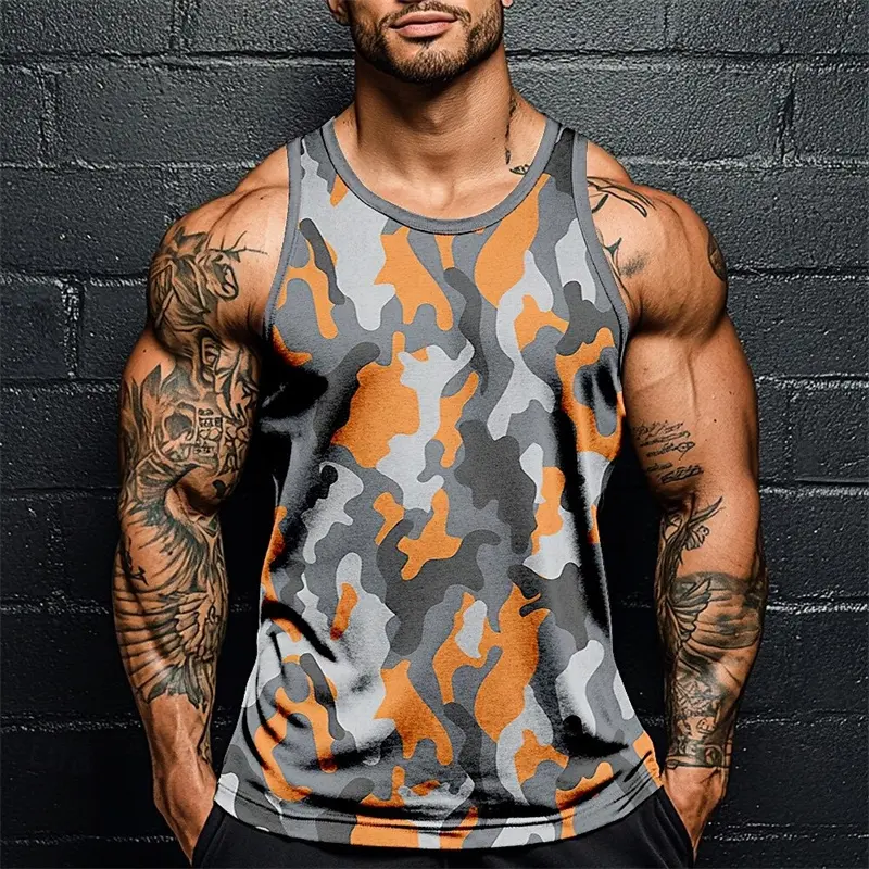 Summer Men Classic Camo Print Fitness Tank Top Gym Sports Loose Breathable Soft Sleeveless Top Fashion Simple Men's Vest Tee