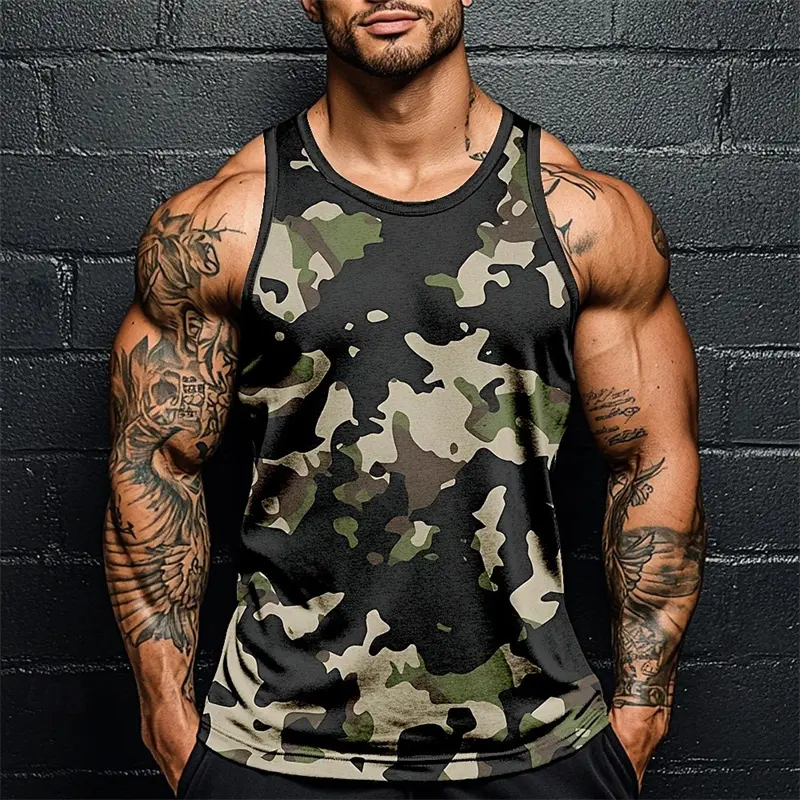 Summer Men Classic Camo Print Fitness Tank Top Gym Sports Loose Breathable Soft Sleeveless Top Fashion Simple Men's Vest Tee