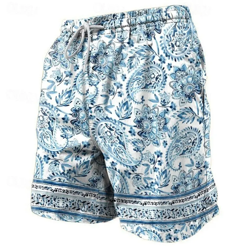 Summer Men Fashion Vintage Paisley print Beach Short For Men Quick Dry Drawstring Loose Board Shorts Daily Casual Breathable
