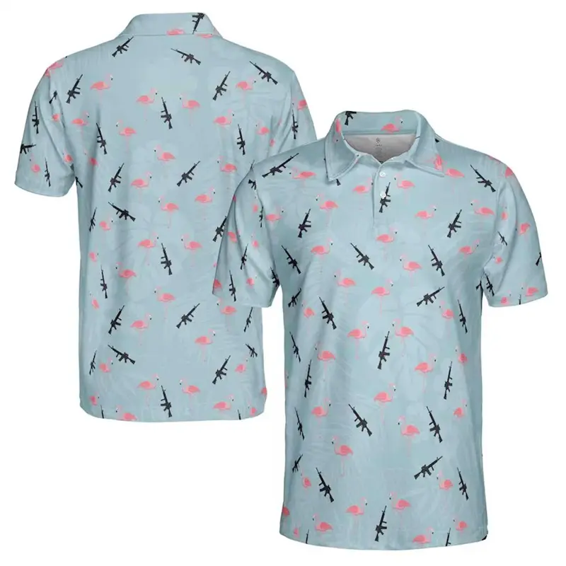 Full Print Flowers Graphic Polo Shirts For Men's Romantic Street Short Sleeve Lapel Button Golf Shirts Summer Popular Flamingo