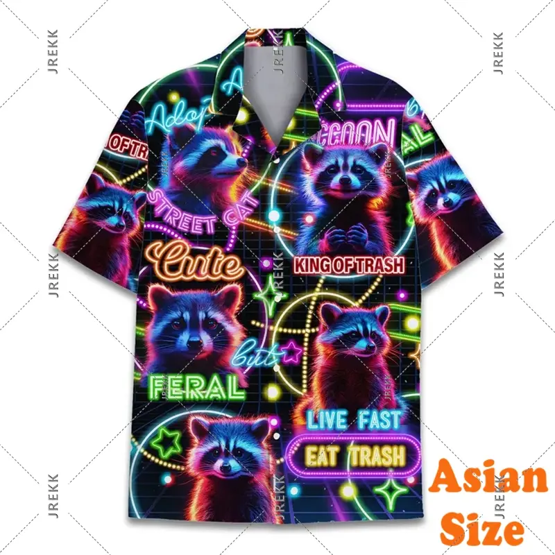 70s & 80s Hip Hop Shirt Men's Clothing Neon Raccoon Print Short Sleeve Funny Shirts Retro Plant Music Party Sport Blouse 2025