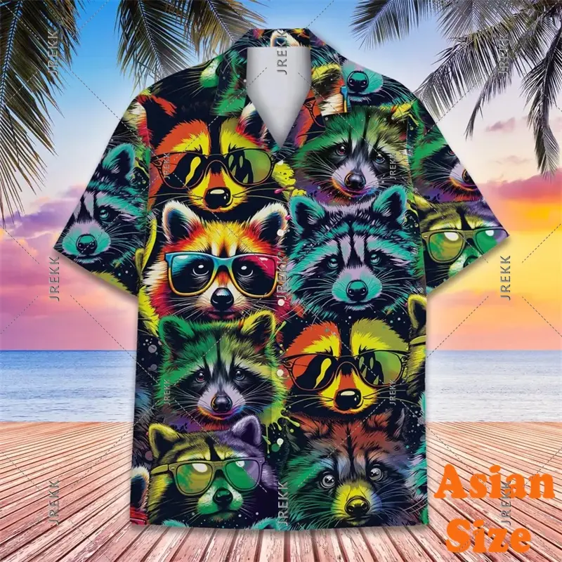 70s & 80s Hip Hop Shirt Men's Clothing Neon Raccoon Print Short Sleeve Funny Shirts Retro Plant Music Party Sport Blouse 2025