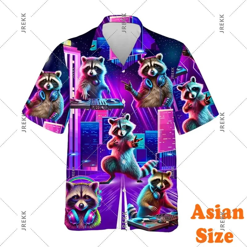 70s & 80s Hip Hop Shirt Men's Clothing Neon Raccoon Print Short Sleeve Funny Shirts Retro Plant Music Party Sport Blouse 2025