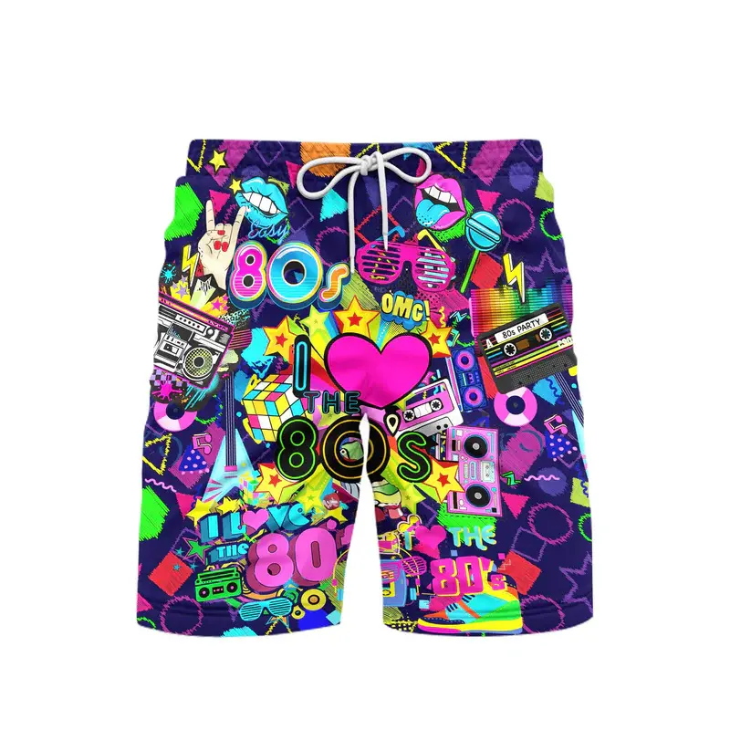 80s Style Music Party Beach Short For Men's Clothing Trend Vintage 3d Print Shorts Hip Hop Street Sport Casual 2025 New Pants