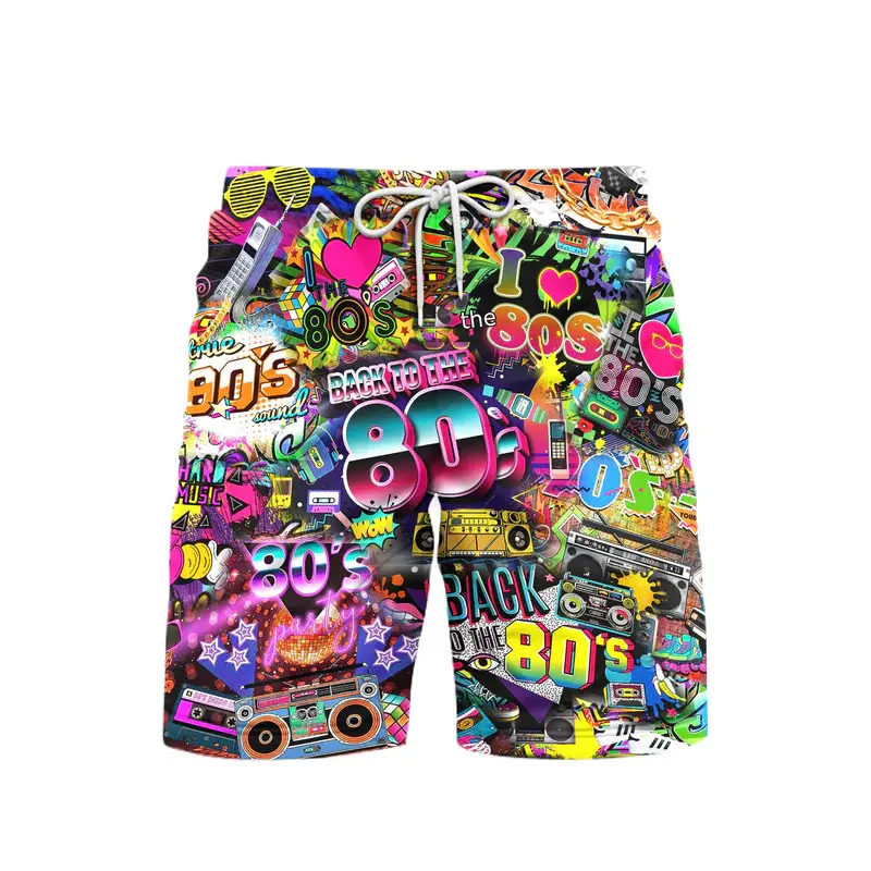 80s Style Music Party Beach Short For Men's Clothing Trend Vintage 3d Print Shorts Hip Hop Street Sport Casual 2025 New Pants