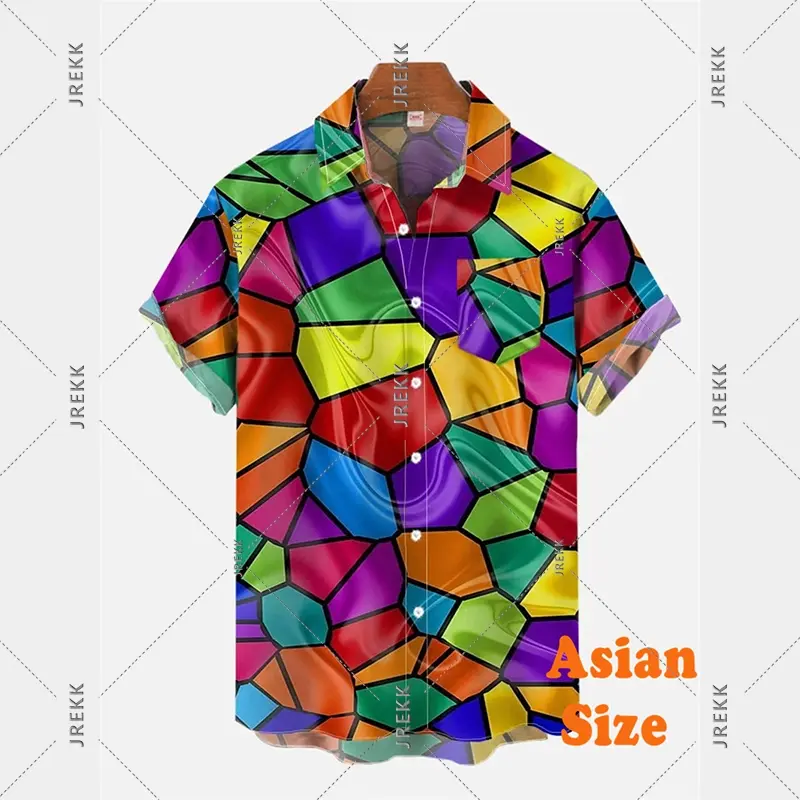 Cute Bear Print Hawaii Shirt Men's Clothing Short Sleeve Colorful Block Stripe Button Shirts Personality Art Graphic Men Blouse