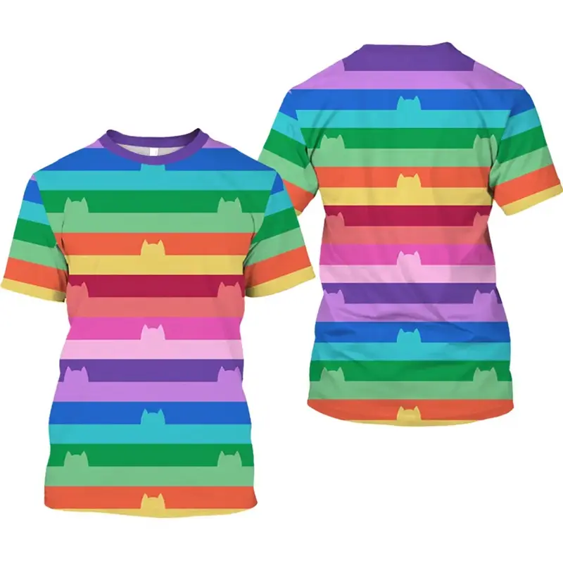 Striped Rainbow Cat Print T-shirt Children Birthday Gift Fashion Funny Design Short Sleeve T Shirts 2025 Summer Stripe Tee Top