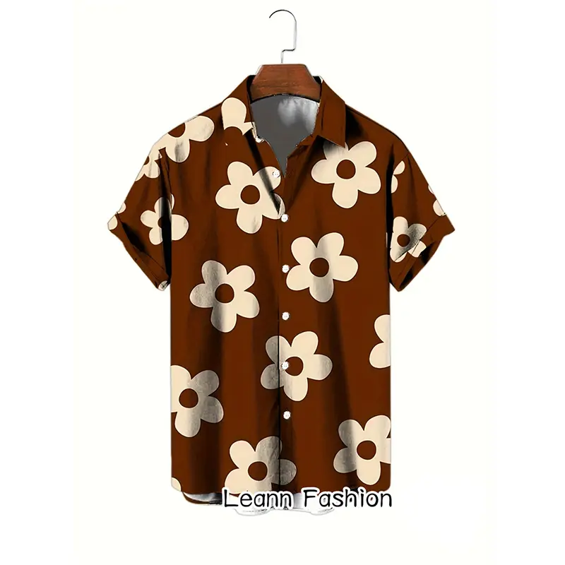 Bohemian Cartoon Daisy Pattern Leisure Shirts For Men Short Sleeve Holiday Beach Loose Button Shirt Summer Fashion Lapel Blouse