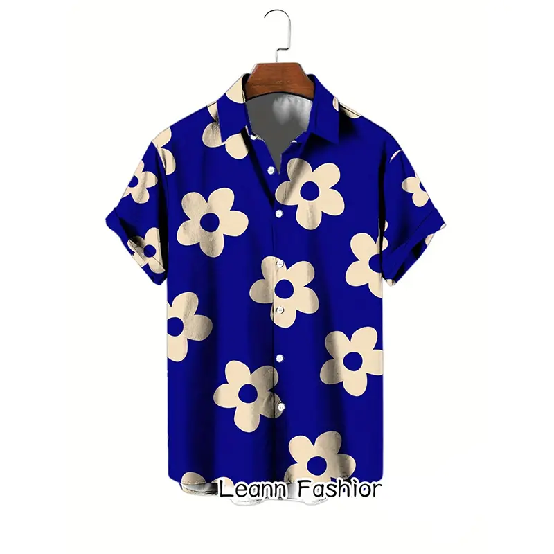 Bohemian Cartoon Daisy Pattern Leisure Shirts For Men Short Sleeve Holiday Beach Loose Button Shirt Summer Fashion Lapel Blouse