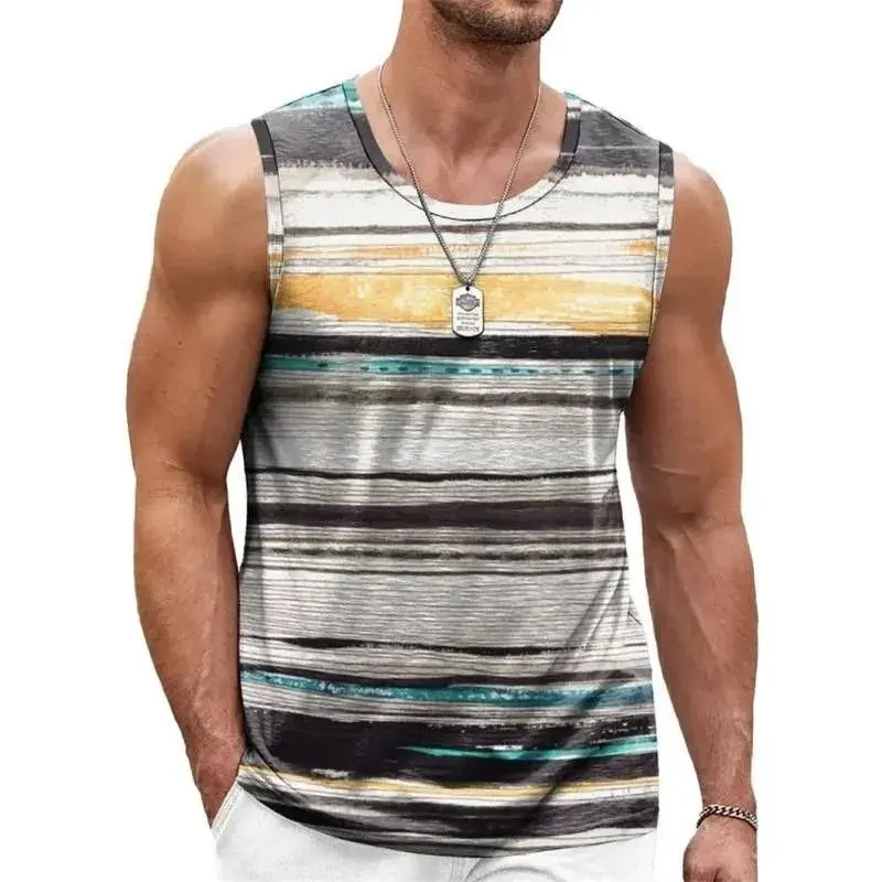 Summer Popular Stripe Vest For Men High Street Trend Rainbow Stripes 3D Print Street Harajuku Sleeveless Basketball Vest Summer