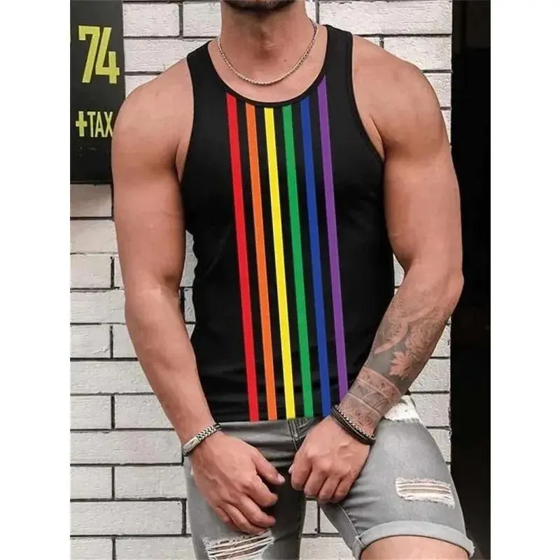 Summer Popular Stripe Vest For Men High Street Trend Rainbow Stripes 3D Print Street Harajuku Sleeveless Basketball Vest Summer