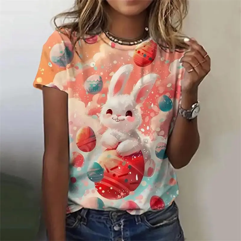 Cute Rabbit Easter T-shirt Women And Men Easter Egg Cartoon Graphic Funny T Shirts Children Round Neck Short Sleeve Summer Tee