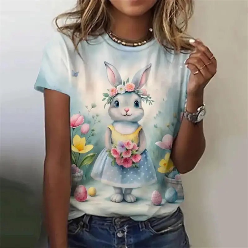 Cute Rabbit Easter T-shirt Women And Men Easter Egg Cartoon Graphic Funny T Shirts Children Round Neck Short Sleeve Summer Tee