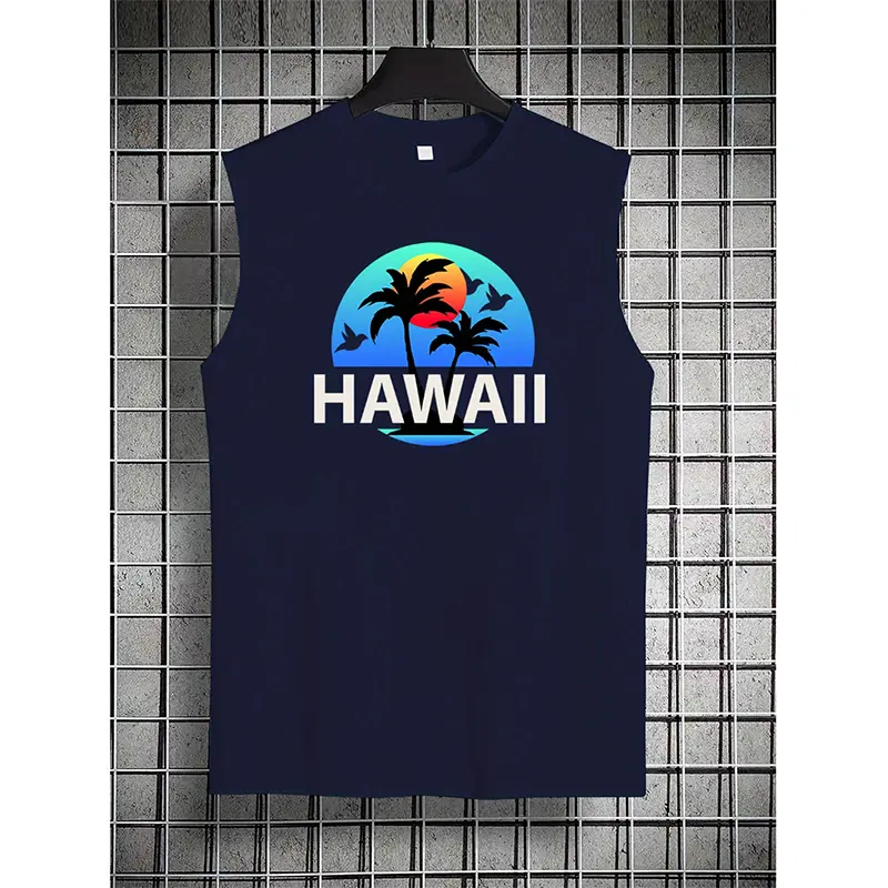 Hawaii Graphic Print Men's Sleeveless T-shirt Summer Round Neck Trendy Tank Top Casual Comfortable Versatile Microfiber Vest