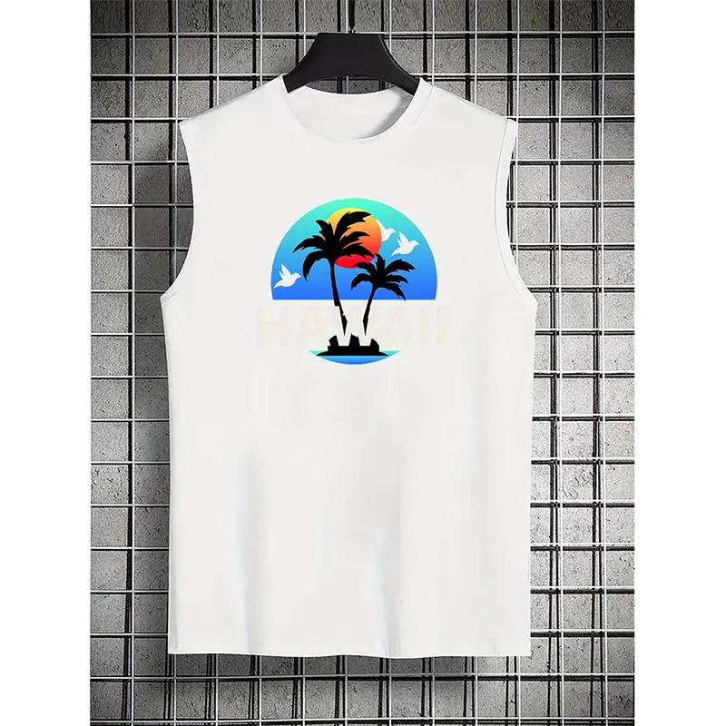Hawaii Graphic Print Men's Sleeveless T-shirt Summer Round Neck Trendy Tank Top Casual Comfortable Versatile Microfiber Vest