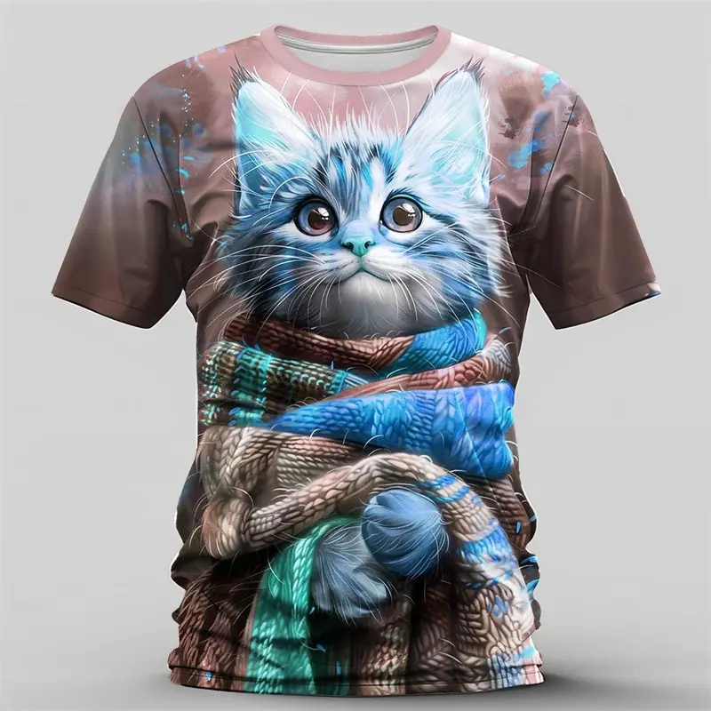 Cute Kawaii Cat T-shirt For Men's Clothing O-neck Short Sleeve Casual Funny T Shirts Animal Print Lover 2025 Fashion Summer Tee