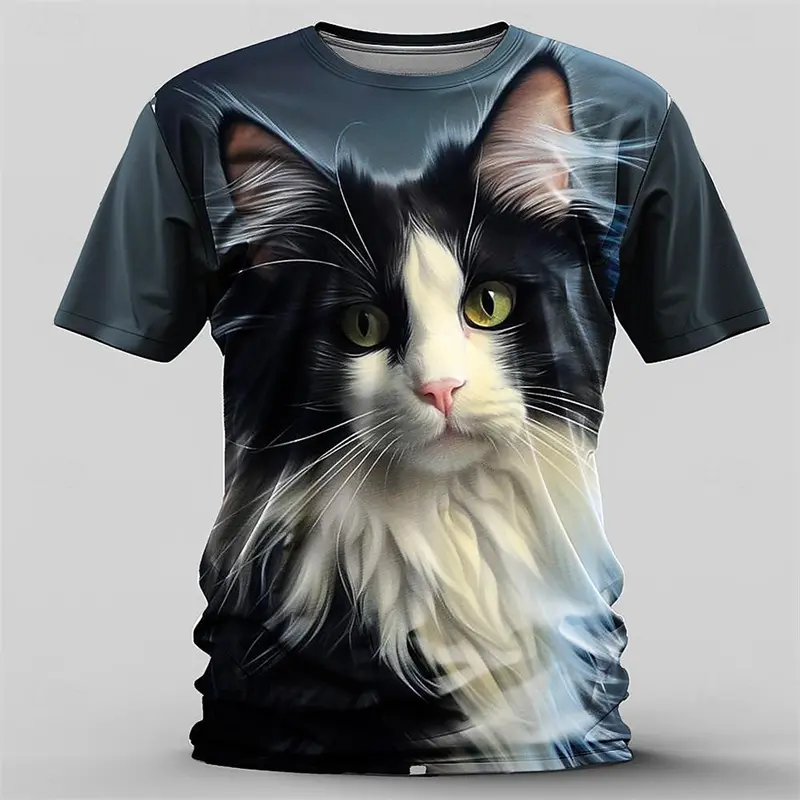 Cute Kawaii Cat T-shirt For Men's Clothing O-neck Short Sleeve Casual Funny T Shirts Animal Print Lover 2025 Fashion Summer Tee