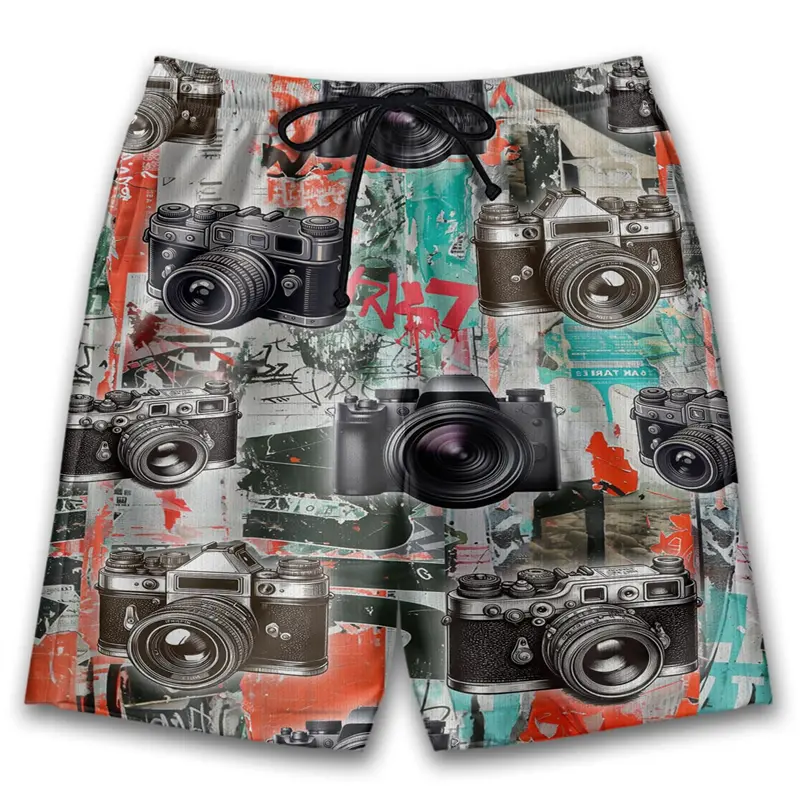 3d Printed Retro Cameras Shorts Men Street Trend Unique Short Pants Black White Striped Film Vintage Fashion Short Trousers