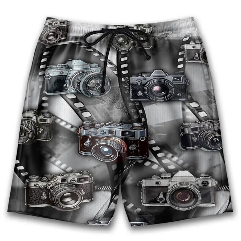 3d Printed Retro Cameras Shorts Men Street Trend Unique Short Pants Black White Striped Film Vintage Fashion Short Trousers