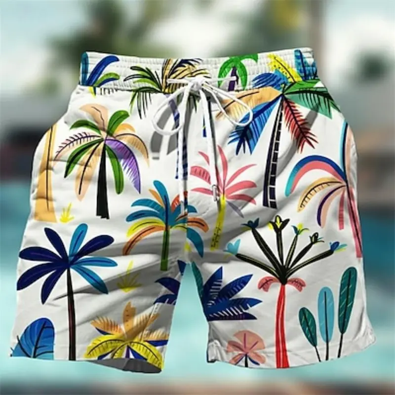 Colorful Simple Coconut Tree Print Beach Shorts For Men Cute Cartoon Design Loose Breathable Board Short Summer New Men's Shorts