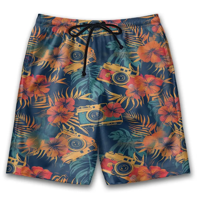 3d Printed Retro Cameras Shorts Men Street Trend Unique Short Pants Black White Striped Film Vintage Fashion Short Trousers