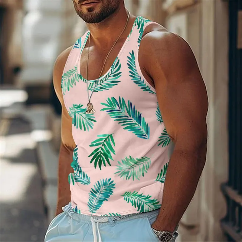 Retro Tropical Plants Casual Basketball Vest For Men Summer Casual Fashion 3D Printed Leaves Breathable Tank Top Beach Vacation