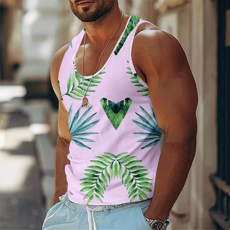 Retro Tropical Plants Casual Basketball Vest For Men Summer Casual Fashion 3D Printed Leaves Breathable Tank Top Beach Vacation