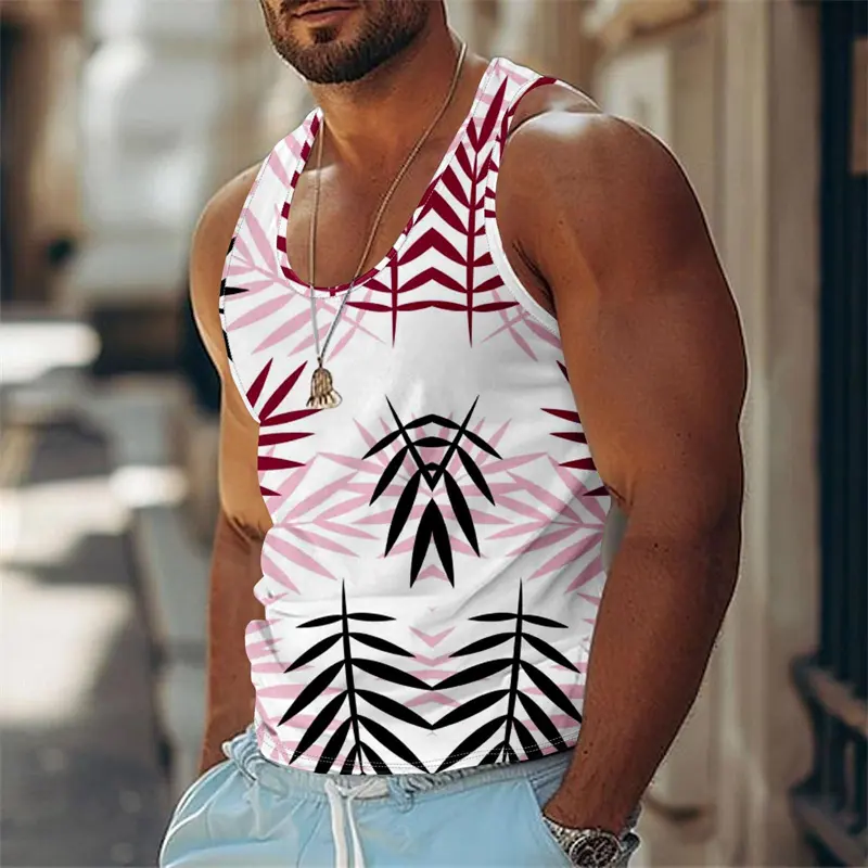 Retro Tropical Plants Casual Basketball Vest For Men Summer Casual Fashion 3D Printed Leaves Breathable Tank Top Beach Vacation