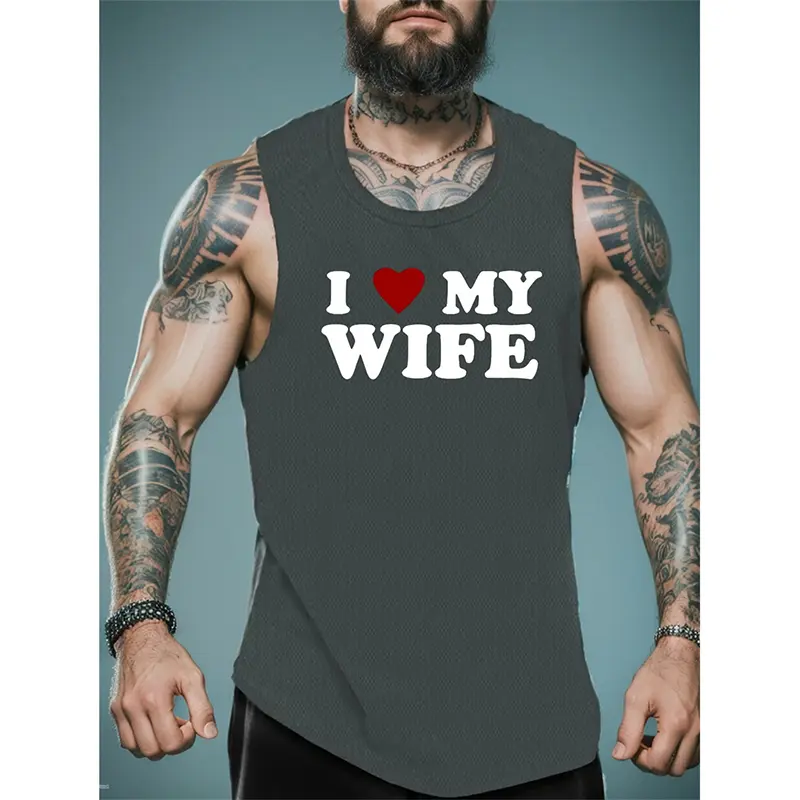 I Love My Wife Print Graphic Men's Gym Tank Top Breathable Quick Dry Sleeveless T Shirts Soft Polyester Summer Loose Gym Vest