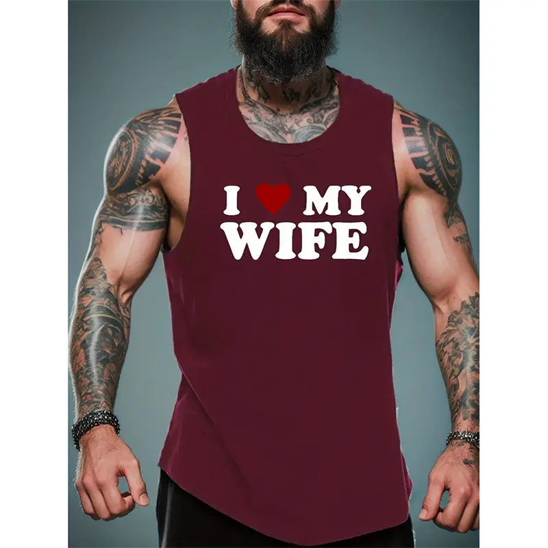 I Love My Wife Print Graphic Men's Gym Tank Top Breathable Quick Dry Sleeveless T Shirts Soft Polyester Summer Loose Gym Vest