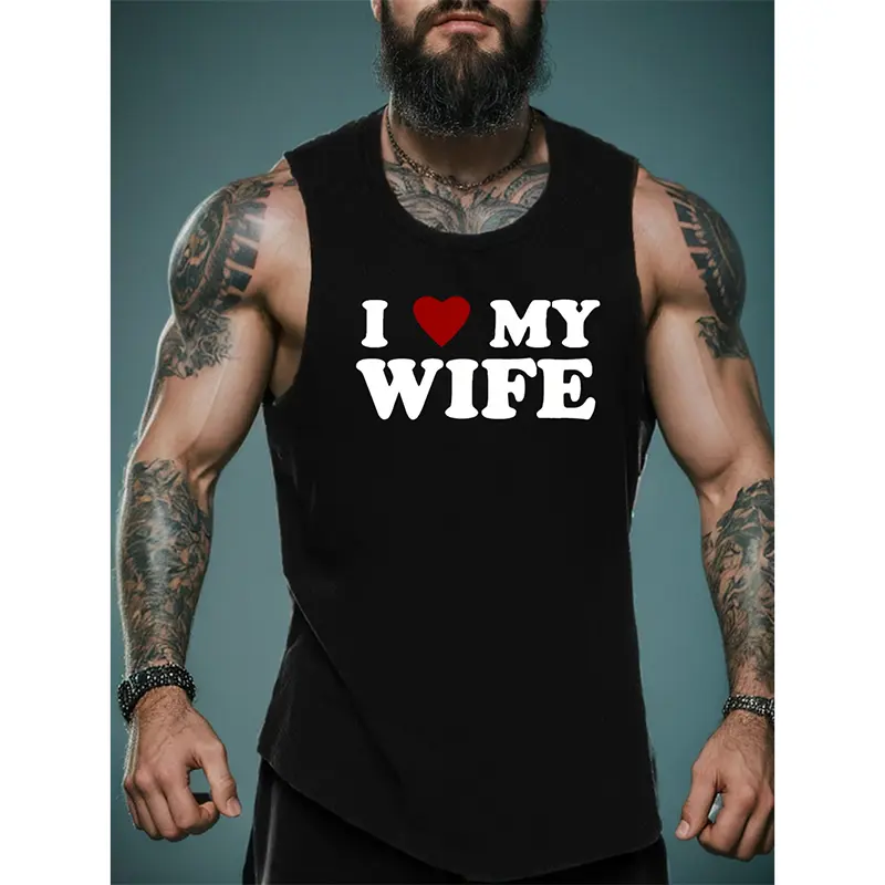 I Love My Wife Print Graphic Men's Gym Tank Top Breathable Quick Dry Sleeveless T Shirts Soft Polyester Summer Loose Gym Vest