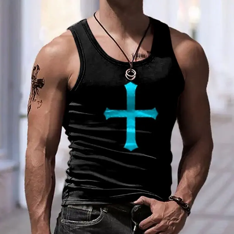 Jesus Cross Graphic Black Tank Top For Men Harajuku Streetwear Loose Fitness Sleeveless Shirts Summer Breathable Quick Dry Vest