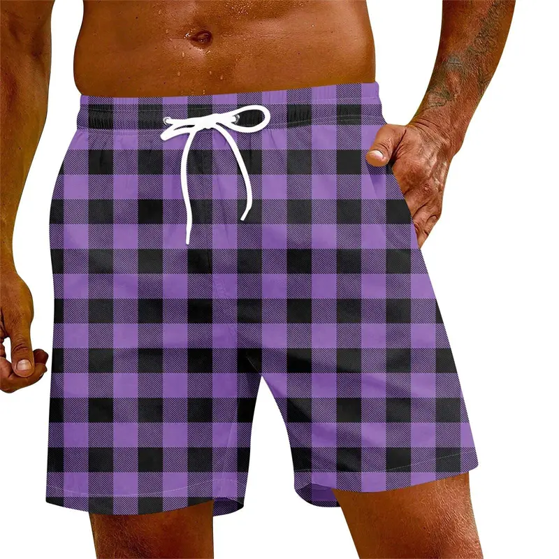 3D Print Striped Plaid Beach Short For Men Simple Classic Summer Casual Swim Trunks Streetwear Drawstring Breathable Shorts