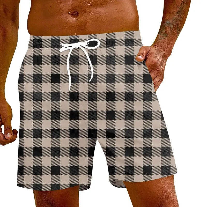 3D Print Striped Plaid Beach Short For Men Simple Classic Summer Casual Swim Trunks Streetwear Drawstring Breathable Shorts