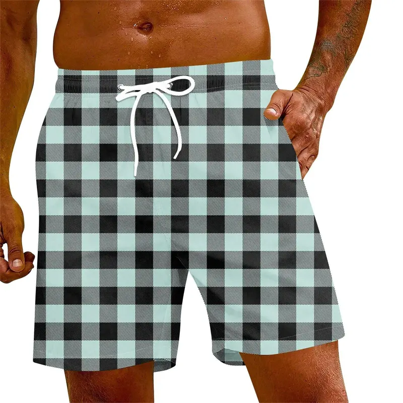 3D Print Striped Plaid Beach Short For Men Simple Classic Summer Casual Swim Trunks Streetwear Drawstring Breathable Shorts